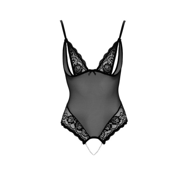 Body string en dentelle et résille noire avec perles à l'entrejambe 